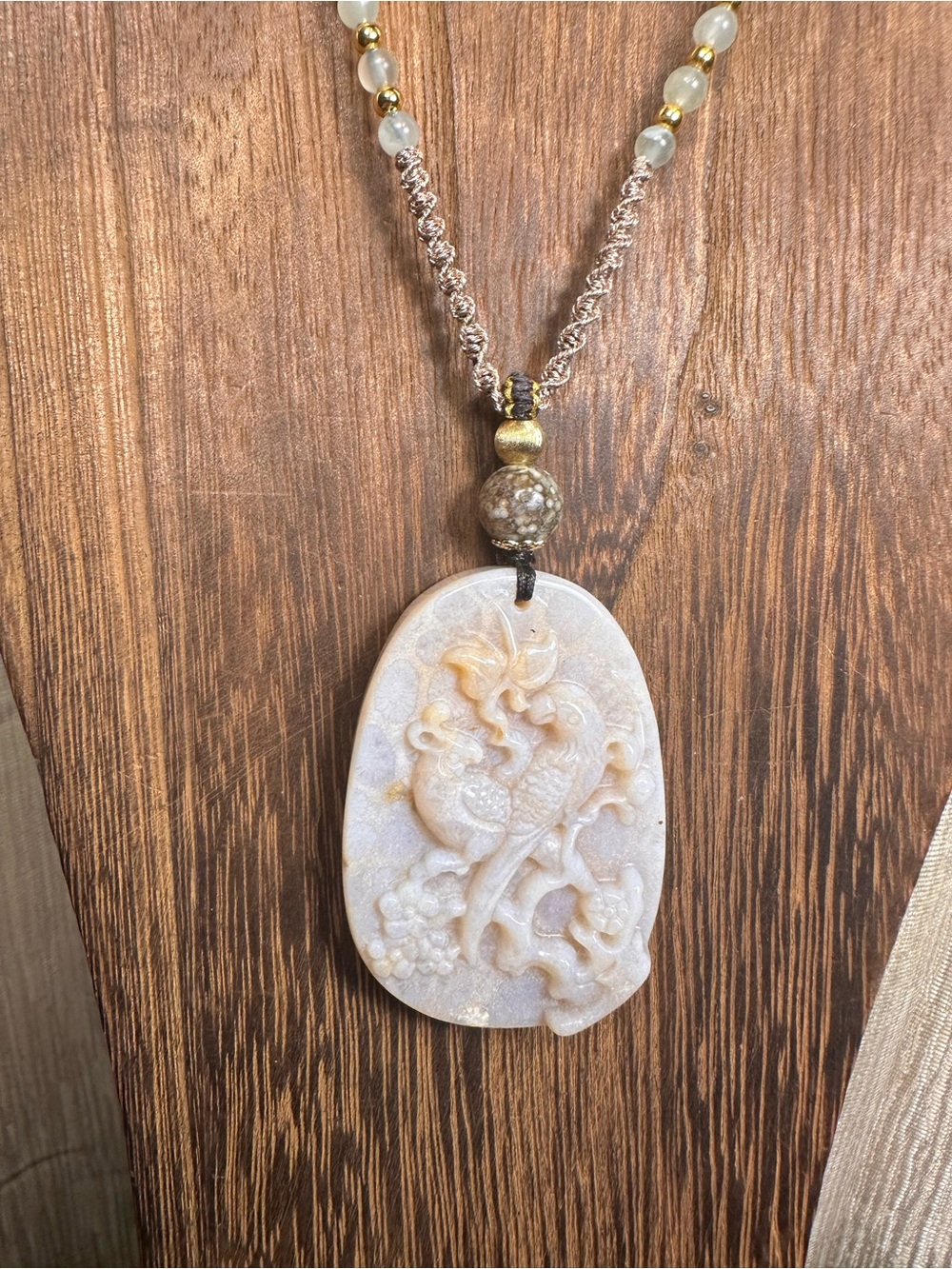 Coral Fossil Birds Pendant with Ocean Jasper on Adjustable Rope - Picture 6 of 15
